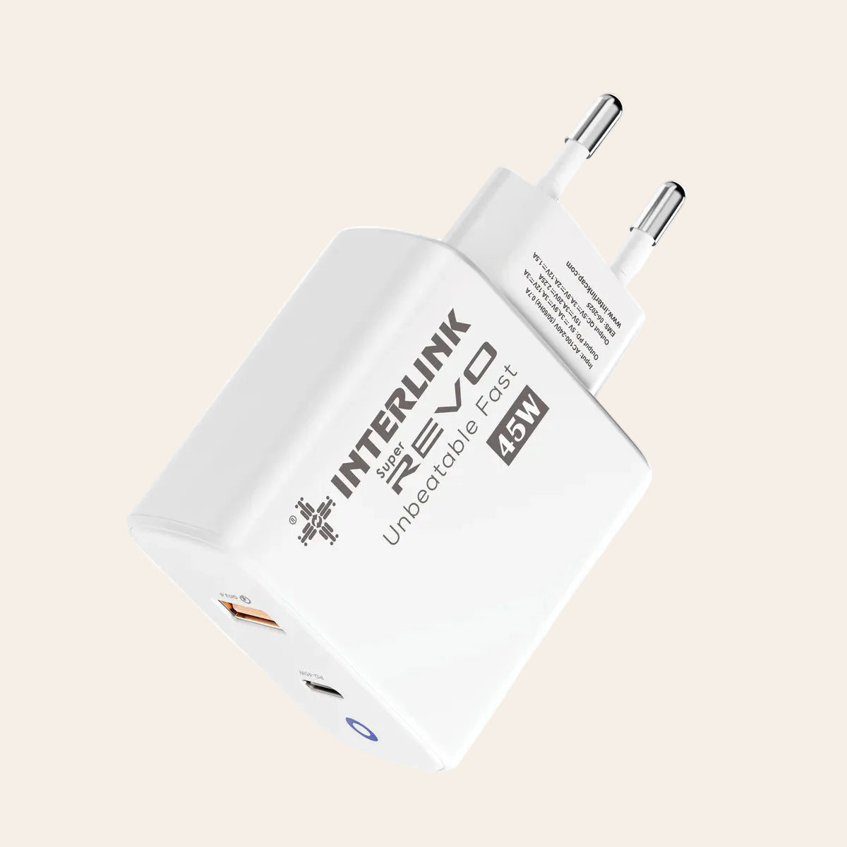 Interlink REVO 45W Fast Charger – Dual USB-C & USB-A PD/QC Fast Charging Adapter