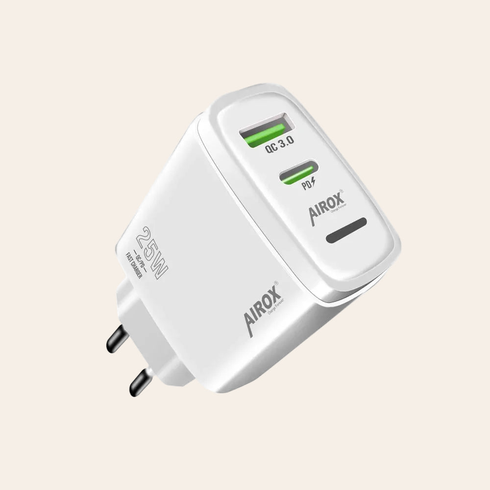 Airox PD07 25W Fast Charger – PD + QC 3.0 USB-C & USB-A Dual Port Adapter
