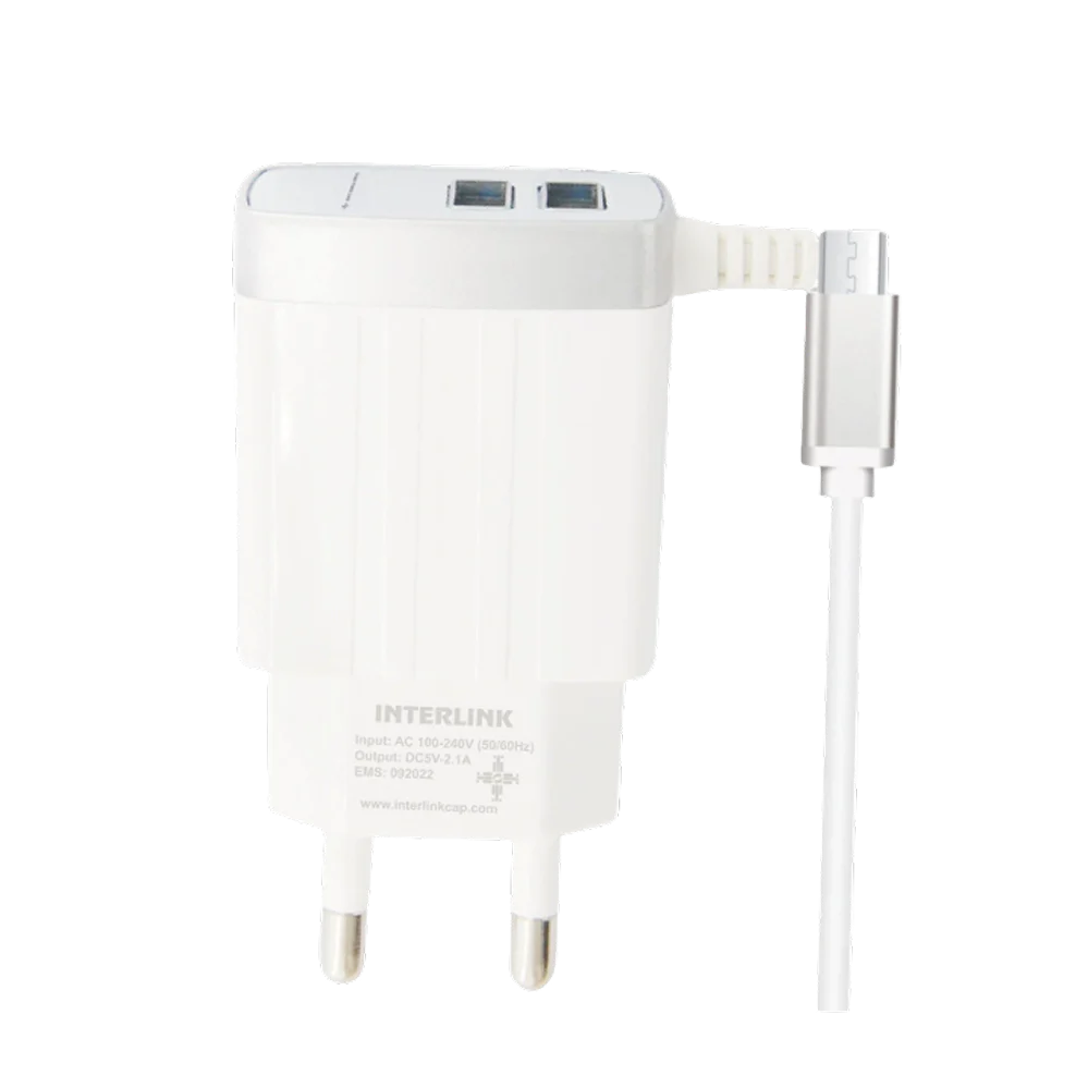 Interlink GRACE LED Charger 2.4A – Smart Dual USB Fast Wall Charger with LED Indicator