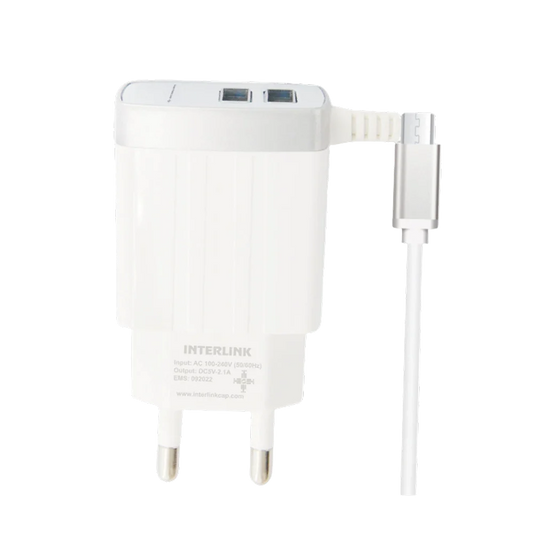 Interlink GRACE LED Charger 2.4A – Smart Dual USB Fast Wall Charger with LED Indicator