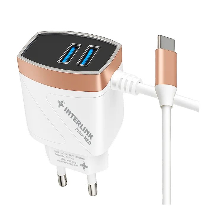 Interlink PRIME NEO Charger 2.4A – Fixed Type-C Cable Fast Charger for Android & iPhone