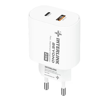 Interlink BEYOND 25W Dual Port Fast Charger – USB-C PD + USB-A QC 3.0 Wall Adapter