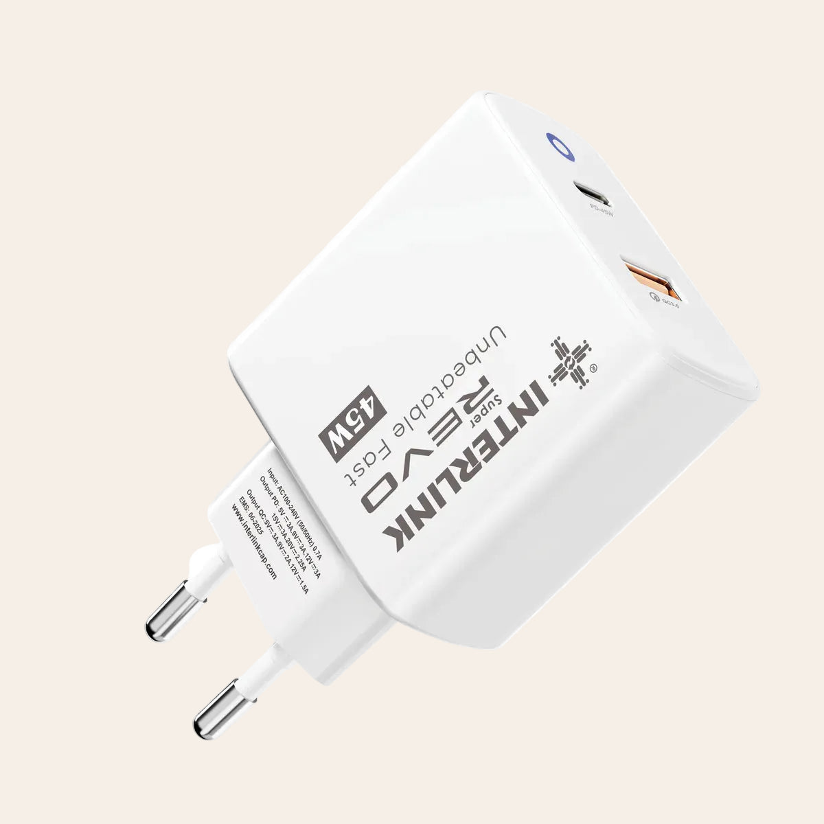 Interlink REVO 45W Fast Charger – Dual USB-C & USB-A PD/QC Fast Charging Adapter